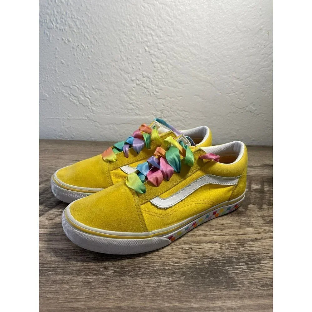 VANS OLD KIDS SKOOL SKATE SIZE 4.5 BRIGHT YELLOW RIBBON RAINBOW LACES SNEAKERS